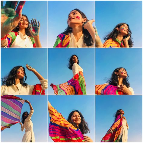 Holi Photoshoot Ideas For Instagram, Holi Poses In Kurti, Aesthetic Holi Photo Ideas, Poses For Holi Pictures, Holi Poses Picture Ideas, Holi Photo Poses At Home, Holi Pose Ideas Selfie, Holi Poses At Home, Holi Poses For Women