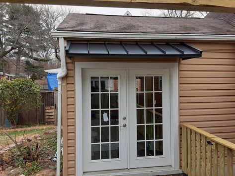 Metal Awning Over Window Modern Farmhouse, Decorative Metal Awnings, Sliding Door Awning, Over Door Awning, Back Door Awning Ideas, Metal Awnings Over Doors, Metal Roof Awning, Door Awnings Exterior, Metal Awnings For Windows