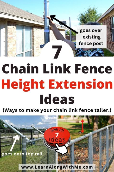 If your chain link fence isn't tall enough - perhaps your dog is jumping over it - then you'll want to check out these ways to make your chain link fence taller.
These height extension ideas include ways to make your fence taller by adding extensions to either the fence posts themselves, or by adding extensions to the top rail.

There are some products that'll help but also some DIY ideas too.

Check them out today to get your fence taller this weekend.

#chainlinkfenceideas  #fenceheight Adding Privacy To Chain Link Fence, Make Chain Link Fence Taller, Chain Link Fence Extension Ideas, Extend Chain Link Fence Height, Add Height To Chain Link Fence, Chain Link Fence Lighting Ideas, Fence Extension Ideas For Dogs, Chain Link Fence Landscaping Border, Hiding Chain Link Fence Ideas