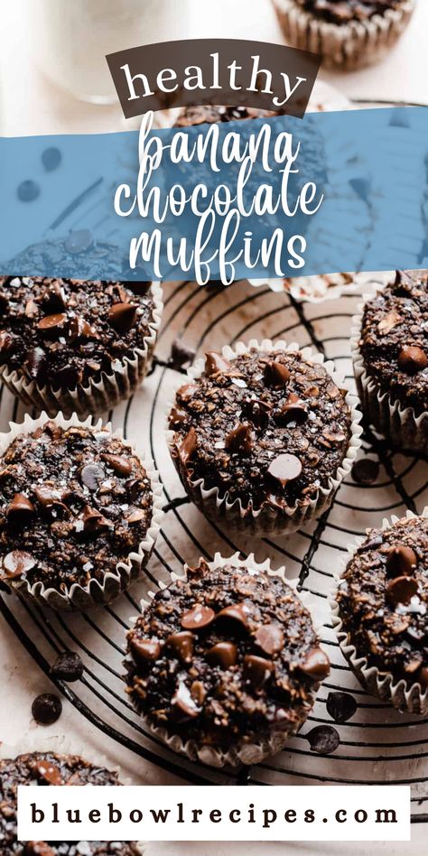 Healthy Banana Chocolate Oat Muffins are made with simple, good-for-you ingredients like oats, bananas, & maple syrup. They're completely gluten-free & can be made dairy-free. Whip up a batch using those brown bananas on your counter for quick grab-and-go breakfasts or snacks! #healthymuffins #bananamuffins #chocolatemuffins #bananachocolatemuffins #glutenfreemuffinrecipes #bananabreadmuffins #mealpreprecipes #healthybananabread #healthymuffinrecipes #bluebowlrecipes | bluebowlrecipes.com Chocolate Oat Muffins, Banana Chocolate Muffins, Breakfasts Healthy, Brown Bananas, Healthy Chocolate Banana, Banana Oatmeal Muffins, Healthy Banana Muffins, Banana Oat Muffins, Chocolate Banana Muffins