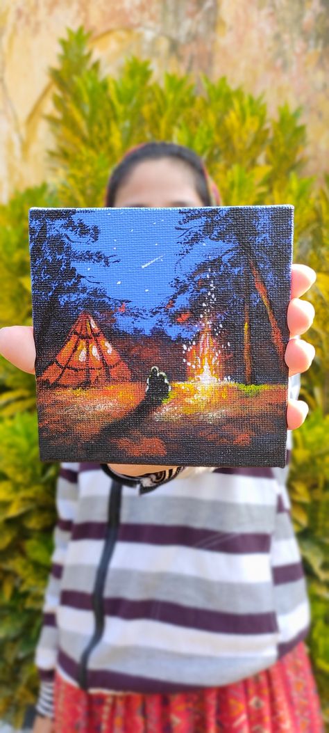 Mini canvas forest painting camping campfire acrylic painting Forest Campfire Painting, Painting Of Forest, Forest Campfire, Nature Canvas Painting, Mini Canvases, Forest Camping, Small Canvas Paintings, Easy Canvas, Easy Canvas Art