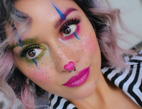 Colorful clown Beauty Clown Makeup, Clowns Makeup Cute, Sweet Clown Makeup, Beautiful Clown Makeup, Wacky Wednesday Makeup, Clown Costume Colorful, Clown Cute Makeup, Faschings Make Up, Clown Make Up Cute