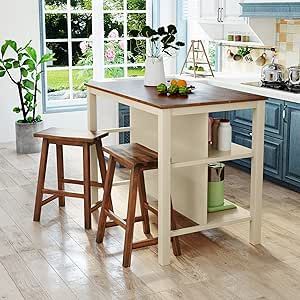 Polibi 3-Piece Kitchen Island Set with 2 Stools and 2 Shelves, Rustic Rubber Wood Dining Set Prep Table Set with Open Shelves for Small Places, Walnut+Cream White Kitchen Prep Table, Narrow Kitchen Island, Small Kitchen Table Sets, Walnut Cream, Portable Kitchen Island, Solid Wood Kitchen, Prep Table, Small Kitchen Tables, Small Kitchen Island