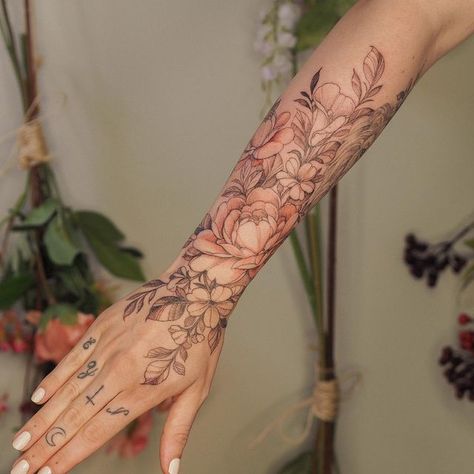 Feminine Tattoo Sleeves Fine Line, Fine Line Arm Sleeve, Flower Colour Tattoo, Fine Line Sleeve Tattoo Women, Arm Tattoos Color, Pink Flower Tattoos, Flower Arm Tattoo, Floral Arm Tattoo, Colour Tattoo