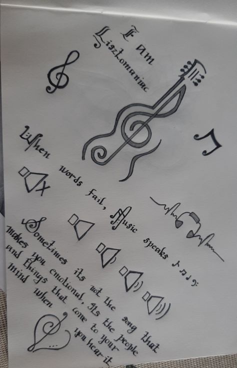 Easy Drawings About Music, Drawing Ideas Music Sketch, Song Lyric Sketches, Where Words Fail Music Speaks Tattoo, When Words Fail Music Speaks Tattoo, Music Sketches Easy, Music Doodles Simple, Music Drawings Creative, Music Drawings Aesthetic