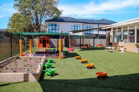 A childcare outdoor playground with a sheltered sandpit and a small garden surrounded by a wooden barrier with small farming tools all on a grass field. Outdoor Preschool Environments, Montessori School Design, Montessori Play Area, Playground Preschool, School Outdoor Area, Montessori Kindergarten, Building Front Designs, Daycare Design, Early Childhood Centre