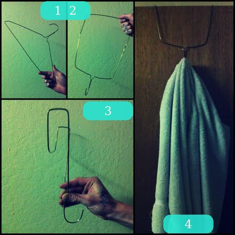 DIY hook for door made from a wire hanger   1) use a wire hanger   2) bend the hook side of the hanger and make the triangle into a square  3) bend the hanger over the door to measure correctly, more of the hook end on the inside of the door  4) hang a towel or coat from the hook on the inside of the door  You can use the other end to hang things as well, takes a few minutes, easy to do Diy Hooks For Hanging, Creative Shoe Storage Ideas, Easy Door Wreaths, Creative Shoe Storage, Wire Hanger Crafts, Shoe Storage Ideas, Diy Hooks, Hanger Crafts, Hanger Diy