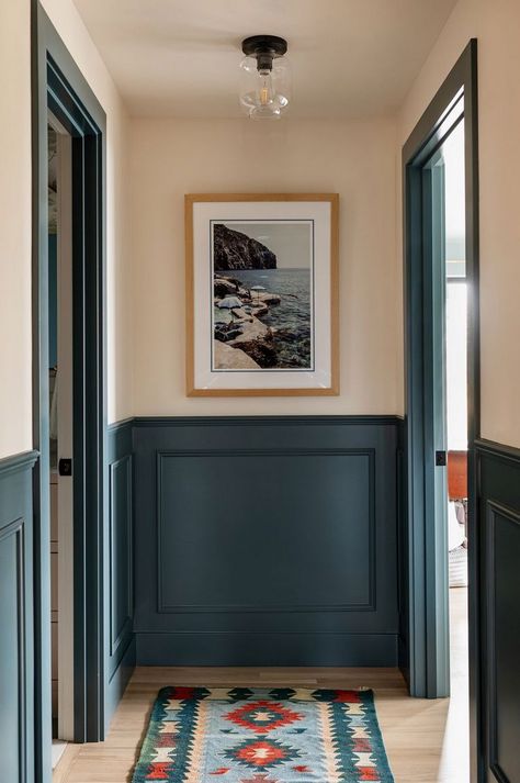 Hallway Wall Colors, Blue Hallway, Wainscoting Hallway, Half Painted Walls, Pastel Living Room, Painted Wainscoting, Hallway Paint, Hallway Makeover, Hallway Colours