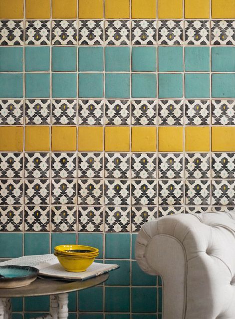 Marrakech Turquoise, Honey and Targa tiles Yellow Tile, Tile Trends, Tile Inspiration, Yellow Kitchen, Trendy Kitchen, Hem Design, Beautiful Tile, Wall And Floor Tiles, Kitchen Tiles