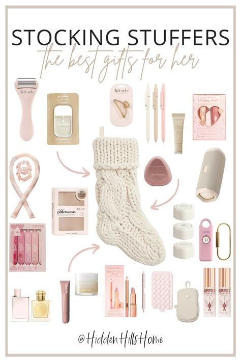 Find the perfect stocking stuffers for her with these stylish and practical gift ideas! From beauty essentials like lip kits and skincare to cozy items like scrunchies and a knitted stocking, this guide has something for every woman on your list. Add fun and functional items like a mini speaker, hair accessories, or portable hand sanitizer to make her smile this holiday season. Skincare Kit Gift, Stocking Stuffers For Sisters, Mini Stocking Gift Ideas, Women’s Stocking Stuffers, Practical Gift Ideas For Women, Stocking Stuffers Women, Stocking Stuffers For Wife, Stocking Stuffer Ideas For Women, Tilly Upholstered Bed