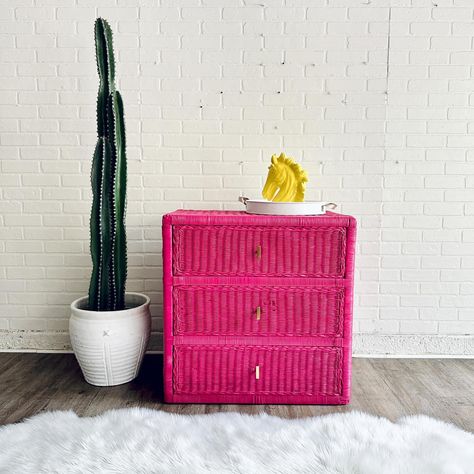 $225 Hot Magenta Pink Wicker Dresser Smaller than a tall dresser but bigger than a nightstand Some cosmetic wear Delivery $75 to Austin | $50 to Cedar Park | $30 to Leander Dresser In Bedroom, Pink Dresser, Wicker Dresser, Tall Dresser, Magenta Pink, Austin Texas, Vintage Furniture, Our Home, Austin