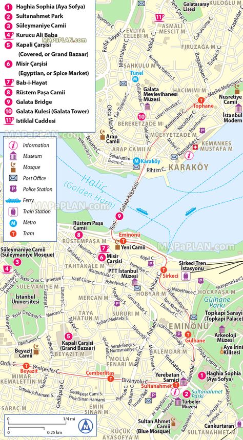 Istanbul maps - Top tourist attractions - Free, printable city street map - MapaPlan.com Istanbul Tourist Map, Istanbul Turkey Map, Istanbul Tourist Attractions, Istanbul Map, Galata Bridge, Basilica Cistern, Turkey Map, Walking Map, Topkapi Palace