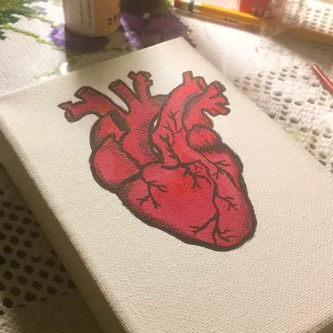 Realistic Heart Painting On Canvas, Lungs Painting Acrylic, Real Heart Painting, Heart Painting Easy, Simple Heart Painting, Red Canvas Painting Ideas, Heart Painting Ideas, Anatomical Heart Painting, Heart Canvas Painting Ideas