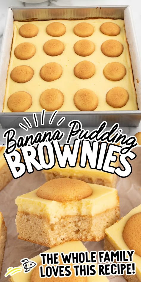 Indulge in the perfect fusion of rich, blondie brownies and creamy banana pudding with these irresistible banana pudding brownies. Banana Pudding Cobbler, Baking Using Bananas, Football Day Desserts, Dessert Ideas Easy Quick, Banana Pudding Brownie, Banana Pudding Brownies Easy, Banana Pudding Ideas, Bannan Pudding Cookies, Banana Pudding Blondies