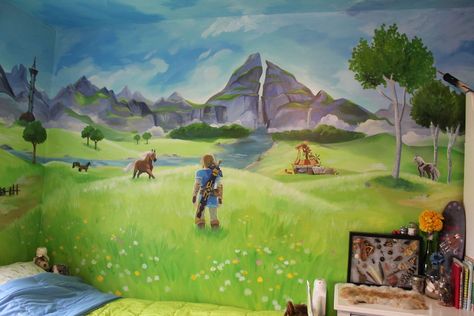 10 Pics Of My Sisters’ Bedroom After I Restyled Its Walls To Look Like Scenery From The Legend Of Zelda | Bored Panda Zelda Bedroom, Video Game Themed Bedroom, Sisters Bedroom, Boys Bedroom Ideas, Hannah Baker, Bedroom Mural, Make Your Own Story, Kids Room Interior Design, Bedroom Murals