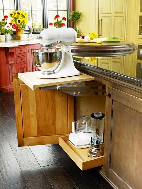 Stow bulky appliances off the counter, but keep them accessible with a pop-up shelf. Kitchen Island Storage, Appliances Storage, Kitchen Cabinet Storage, Kitchen Redo, Kitchen Remodel Idea, Kitchen Makeover, Kitchen Pantry, Kitchen Designs, Kitchen Aid Mixer