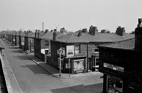 Street scene and corner shops Salford 1970 1960s Britain, Bolton England, Salford City, Derelict Places, Hackney London, British Architecture, Breathtaking Photography, Uk City, Salford