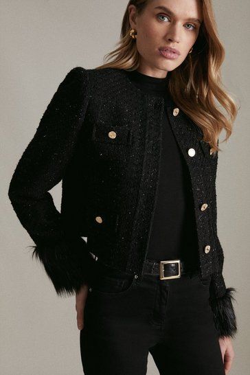 Blazers For Women | Black Blazers For Women | Karen Millen US Tweed Jacket Outfit Women, Black Tweed Jacket Outfit, Tweed Jacket Outfit, Black Tweed Jacket, Chanel Style Jacket, Jacket Outfit Women, Chanel Outfit, Long Puffer Coat, Women's Blazers