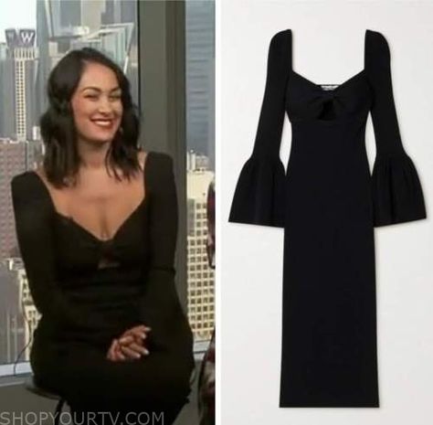 Extra: July 2022 Brie Bella's Black Cutout Bow Knit Bell Sleeve Dress Knit Bell Sleeve, Where To Buy Clothes, Brie Bella, July 2022, Fashion Tv, Bell Sleeve Dress, Brie, Bell Sleeve, Sleeve Dress