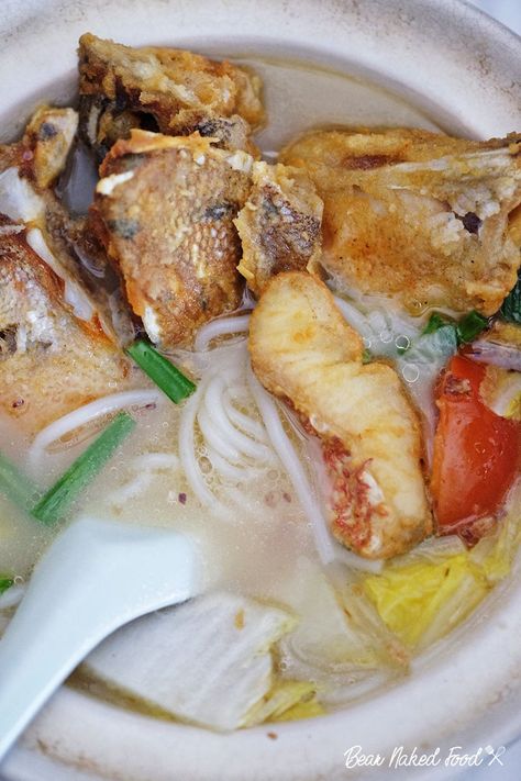 Chinese Fried Fish Soup | Bear Naked Food Fish Soup Chinese, Fish Noodle Soup, Chinese Fried Fish, Thick Rice Noodles, White Wine Butter Sauce, Hawker Centre, All Will Be Well, Steamed Clams, Fantasy Food