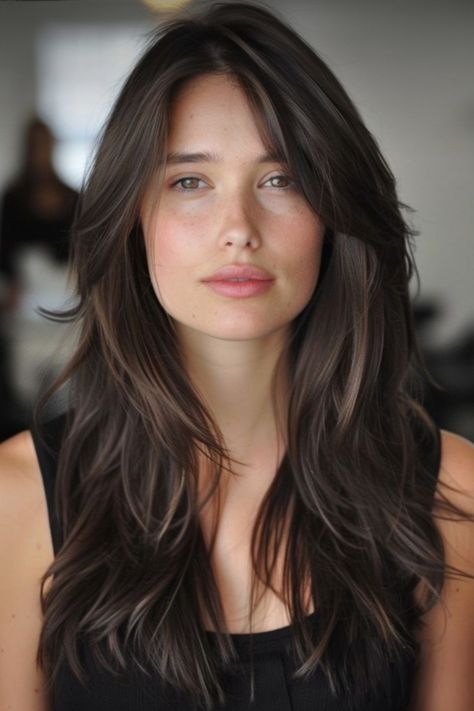 Subtle Balyage Long Hair Brunettes, Layered Hair No Bangs, No Bangs, Rambut Brunette, Layered Hair With Bangs, Bangs Straight, Brown Hair Looks, Layered Haircuts For Medium Hair, Trending Ideas