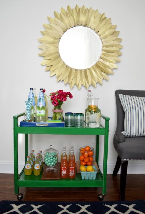 Bar Carts Under $200 Gold Bar Cart Target, Diy Bar Cart, Gold Bar Cart, Outside Bars, Green Bar, Bar Cart Decor, Wet Bars, Diy Bar, Sunburst Mirror