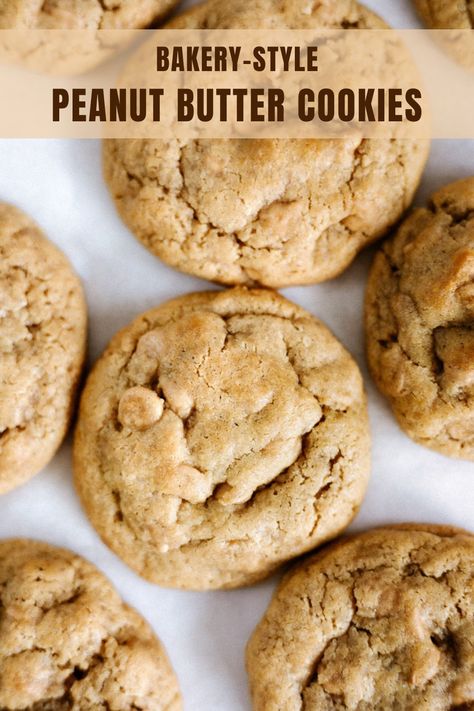 These bakery-style chewy peanut butter cookies are the best peanut butter cookies I've ever had. They're thick, chewy and made with creamy peanut butter and Reese's peanut butter chips. They're perfect for Christmas cookie exchanges and holiday parties...or whenever you've got a cookie craving! Extra Peanut Butter Cookies, Thick And Chewy Peanut Butter Cookies, Peanut Butter Cookies Bakery Style, Perfect Peanut Butter Cookies, Thick Chewy Peanut Butter Cookies, Peanut Butter Cookies With Peanut Chips, Big Peanut Butter Cookies, Gourmet Peanut Butter Cookies, Natural Peanut Butter Cookies