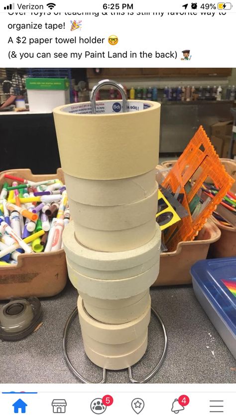 Organizing Tape Rolls, Maker Space Storage, Art Classroom Storage Ideas, Art Class Storage, Art Classroom Hacks, Elementary Art Classroom Setup, Paper Storage Classroom, Makerspace Storage, Art Room Storage