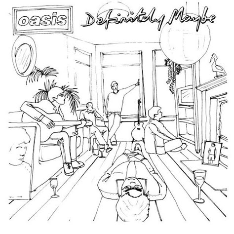 Oasis Painting Band, Definitely Maybe Tattoo Oasis, Oasis Drawing Band, Definitely Maybe Tattoo, Oasis Band Tattoo, Album Cover Sketch, Oasis Tattoo Ideas, Oasis Artwork, Oasis Drawing