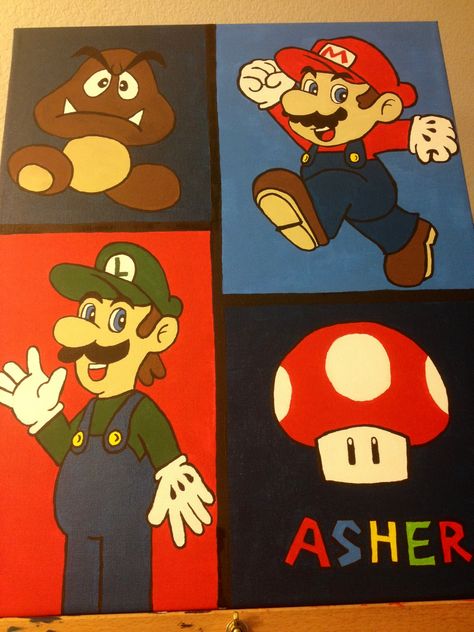 Super Mario Painting Ideas, Mario And Luigi Painting, Mario Painting Canvases, Mario Canvas Painting, Super Mario Painting, Paint Marker Ideas, Mario Painting, Easy Canvas Paintings, Marker Ideas