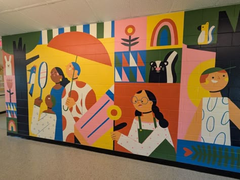 Elementary School Murals, Diversity Mural, Mural School, Freelancing Ideas, Mural Illustration, School Murals, Murals For Kids, Kids Library, Flower Art Drawing