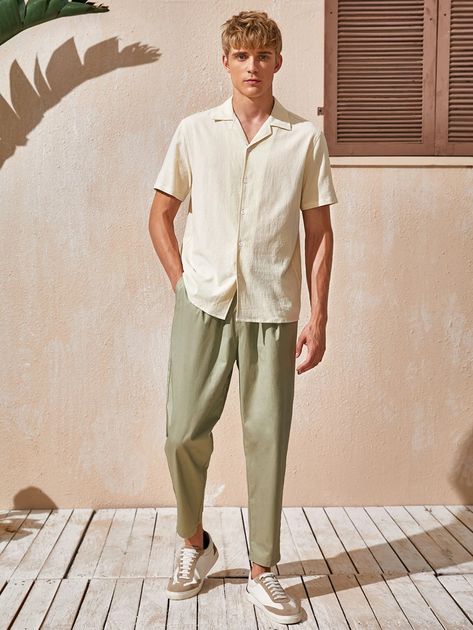 Fall Beach Outfits, Summer Europe Outfits, Korean Mens Fashion, Men Linen Shirt, Rehearsal Dinner Outfits, Shein Men, Collar Shirt Men, Pants Outfit Men, Cool Summer Outfits