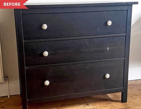 Before: Basic dark wooden IKEA HEMNES with missing drawer pull Peel And Stick Wallpaper On Furniture, Modern Farmhouse Makeover, Wallpaper Apartment, Foyer Cabinet, Ikea Dresser Hack, Dresser Hack, Farmhouse Makeover, Rental Bathroom, Blue Chalk Paint