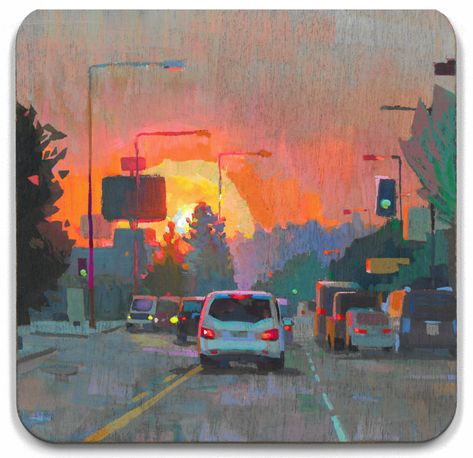 Gauche Painting, Los Angeles Sunset, Cityscape Landscape, Sunset Drive, Environment Painting, Painting Sunset, Fire Fighters, City Painting, Gouache Art