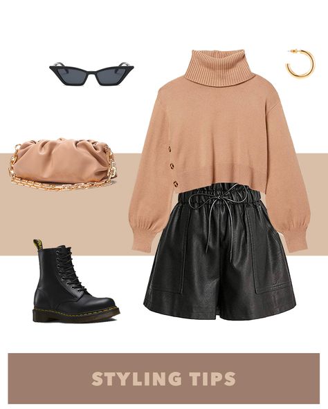 Brown Shorts Outfit Winter, Leather Shorts Spring Outfit, Black Leather Shorts Outfit Fall, Outfits With Black Leather Shorts, Leather Short Winter Outfit, Brown Leather Shorts Outfit Fall, Brown Leather Shorts Outfit Winter, Black Leather Shorts Outfit Winter, Faux Leather Shorts Outfit Fall