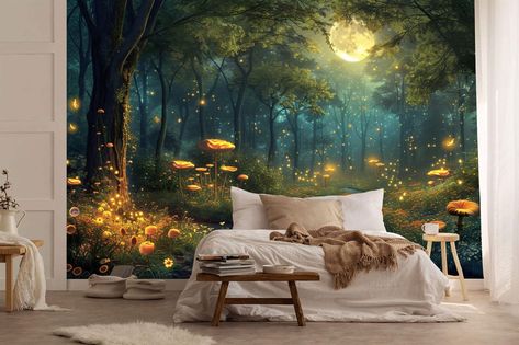 Fantasy Forest Glowing Trees Flowers Gift, Art Print Photomural Wallpaper Mural Easy-Install Removeable Peel and Stick Large Wall Decal Art Fotowalls tailored wall art products are space transformers - designed to instantly create a feeling or a look, and make your rooms as unique as you are. 📦🌎 FREE WORLDWIDE EXPRESS SHIPPING! 🌎📦 📍📐 All sizes are Width by Height 📐📍 INK ➡  We print using HP EcoLatex ink; GreenGuard Gold status with ultra-low emissions and VSC's, suitable for children's b Fantasy Wall Mural, Fantasy Mural, Forest Wallpaper Bedroom, Girls Bedroom Color Schemes, Hallway Mural, Forest Room Decor, Fantasy Woodland, Mural Bedroom, Forest Room