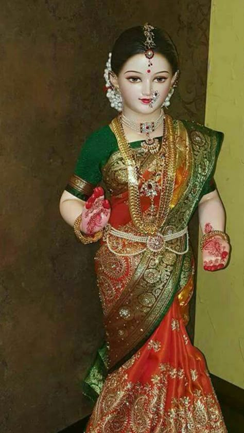 Gombe habba Gauri Decoration, Gauri Ganpati, Golu Dolls, Sanathana Dharma, Ganapati Decoration, Rangoli Colours, Indian Dolls, Wedding Doll, Homemade Dolls