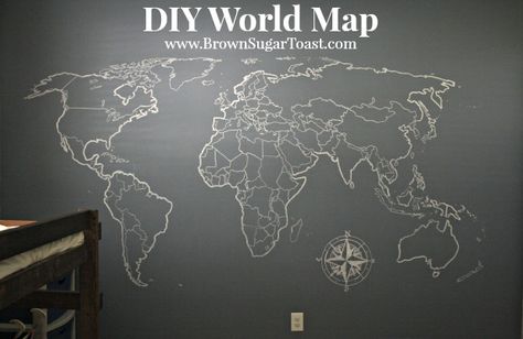 Oh, by the way, we painted a world map on our wall. I debated about even posting this home tidbit, because: 1) We did this over a year ago (right before Miles was born) & 2) I had a hard time t… Diy World Map, Diy World Map Wall Art, Map On Wall, Chalkboard Wall Bedroom, World Map Painting, Diy Map, Living Wall Decor, World Map Wall Art, Chalkboard Wall