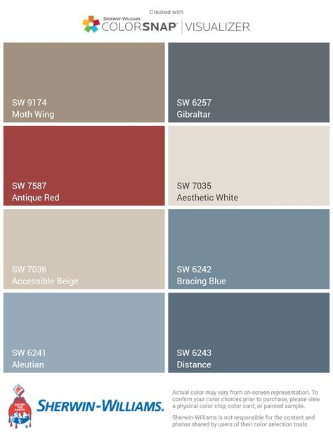 Color Palette Blues And Reds, Blue Beige Color Palette Colour Schemes, Red Blue Beige Color Palette, Red Blue Tan Color Palette, Brick Red And Blue Color Palette, Accessible Beige Color Palette Home, Blue Red Cream Color Palette, New England Color Palette, Sherwin Williams Distance