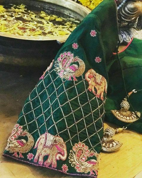 Rpyal green elephant and peacock design hand zardosi work Designer wedding saree lehenga blouses To inquire whatsapp 918888328116 or ethnicdiagmailcom Lehenga Blouses, Peacock Embroidery Designs, Cotton Blouse Design, Green Elephant, Zardosi Work, Maggam Work Designs, Saree Lehenga, Blouse Design Images, Design Blouse