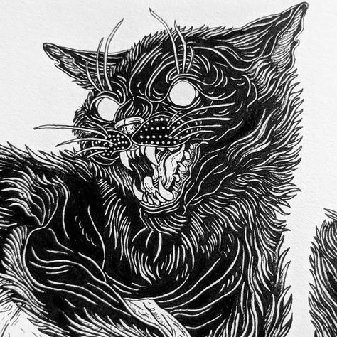 #catDrawings #catPaintings #catIllustrations #catArt #illustrations #cats #drawings #meow #catlovers #cuteCats #hiss Arte Jazz, Creepy Cat, Feral Cat, Spooky Tattoos, Flash Art, Arte Horror, Cat Painting, Cat Tattoo, Linocut Prints