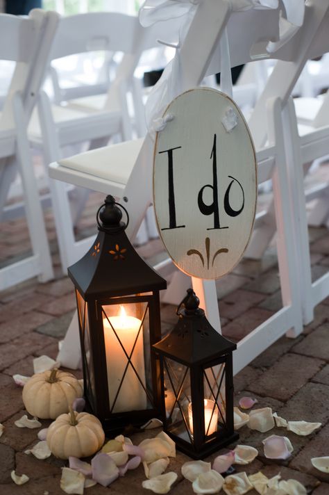 Lantern and Ivory Pumpkin Aisle Decorations Lantern Wedding Isles Decoration, Wedding With White Pumpkins, Pumpkin Wedding Decorations Table, Beach Fall Wedding, Pumpkin Wedding Decorations, Pumpkin Centerpieces Wedding, Lanterns Wedding, Aisle Decorations, Pumpkin Wedding