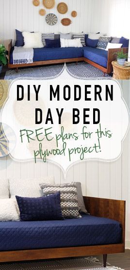 Build a daybed from one sheet of plywood and legs. Video tutorial. Mid Century Modern Daybed, Mid Century Daybeds, Diy Bank, Futon Decor, Sofa Daybed, Diy Daybed, Plywood Projects, Modern Daybed, Simple Building