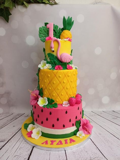 Hawaii Pool, Pool Birthday Cakes, Summer Party Cake, Aloha Cake, Tropical Birthday Cake, Summer Birthday Cake, Fruit Birthday Party, Flamingo Cake, Birthday Cakes For Teens