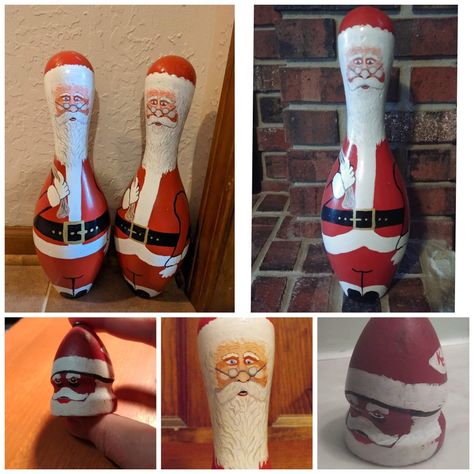 Today is Christmas Eve. Here are some bowling pins that I have painted as Santa Claus. My sister gave me some wooden red tops from Australia, so I painted them to look like Santa Claus. I hope you have a Merry Christmas and Happy New Year! Merry Christmas Eve, Red Tops, Bowling Pins, Wooden Tops, Merry Christmas And Happy New Year, Red Top, Christmas Projects, Custom Paint, Christmas Eve