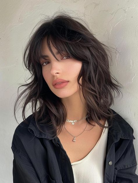 Shag Haircut Wispy Bangs, Haircut Bangs Medium, Modern Bangs Medium Hair, Shag Haircut Bangs, Shoulder Length Hair With Wispy Bangs, Medium Hair With Curtain Bangs, Best Shoulder Length Haircuts, Balayage With Bangs, Lob Bangs