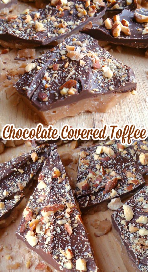 An easy, no-fail English toffee recipe topped with chocolate, almonds and coarse-grain salt. Toffee With Chocolate On Top, Old Fashion Toffee Recipe, Chocolate Covered Toffee, Marlene Sorosky Toffee, Homemade Christmas Food Gift Ideas, Toffee Treats, Homemade Almond Roca Recipe, The Best Toffee Recipe, Chocolate Almond Toffee