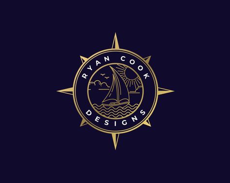 Sailing Boat Logo, Nautical Branding Design, Compass Logo, Yacht Club Logo, Blue Ocean Logo, Marine Label Logo Design, Canva Template, Gold #minimalist #mindfulbusinesses #type #logo #animation #wood Sailor Logo Design, Sailing Logo Design Inspiration, Cruise Logo Design, Sail Logo Design, Nautical Branding Design, Nautical Design Graphic, Boat Logo Design Ideas, Nautical Logo Design, Shipping Logo Design