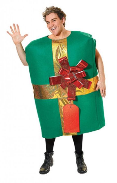 Christmas present costume with bow and price tag Dress Like A Present Christmas, Dress Like A Present, Christmas Tree Costume Diy, Snowman Fancy Dress, Christmas Present Costume, Present Costume, Christmas Tree Costume, Snowman Costume, Tree Costume