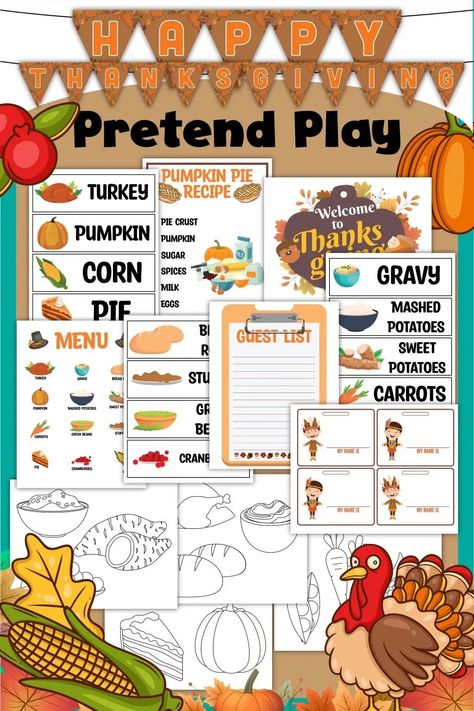 Engaging props for a Thanksgiving pretend play feast! These Thanksgiving Day dramatic play printables are engaging for children.

Use these Thanksgiving dinner printables in your Dramatic play area during the month of November.

Includes: 12 Thanksgiving-themed pages to include: 3 pages of food item images and the vocabulary word, a menu, a pumpkin pie recipe, a guest list, guest name tags printable, and 4 pages of black and white Thanksgiving food images. Thanksgiving Dramatic Play, Thanksgiving School Activities, Name Tags Printable, Dramatic Play Activities, Play Printables, Dramatic Play Printables, Thanksgiving School, Carrots And Green Beans, November Thanksgiving